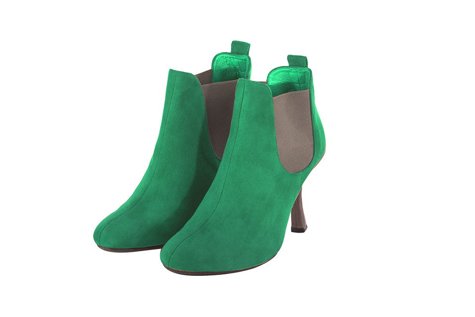 Emerald green and taupe brown women's ankle boots, with elastics. Round toe. High spool heels. Front view - Florence KOOIJMAN